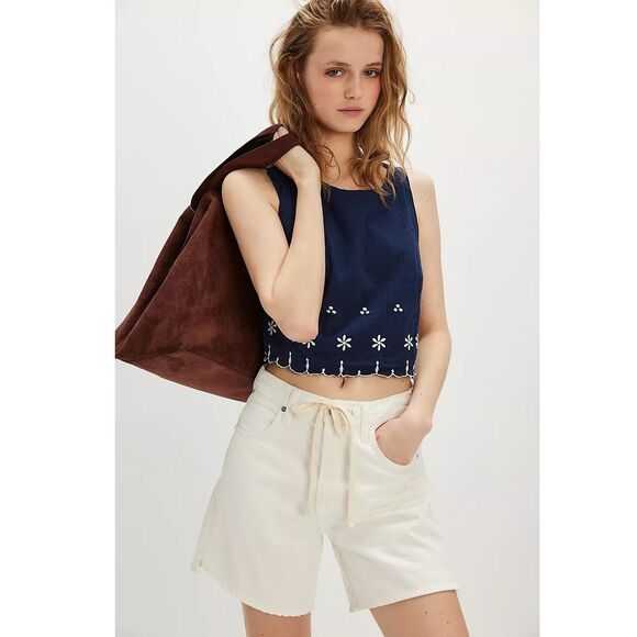 Free People Kayla Solid Embroidered Cropped Blouse Top Floral Cotton XL 280046 - Picture 3 of 7